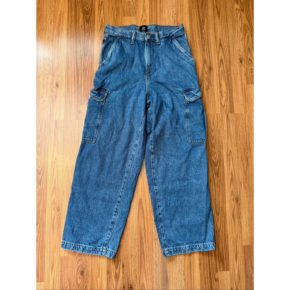 H&M Mens Baggy Fit Wide Leg Cotton Denim Cargo Jeans Medium Wash Blue Size 28/32